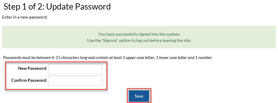 Screen shot: Step 1 of 2 Update Password with New Password, Confirm Password fields highlighted